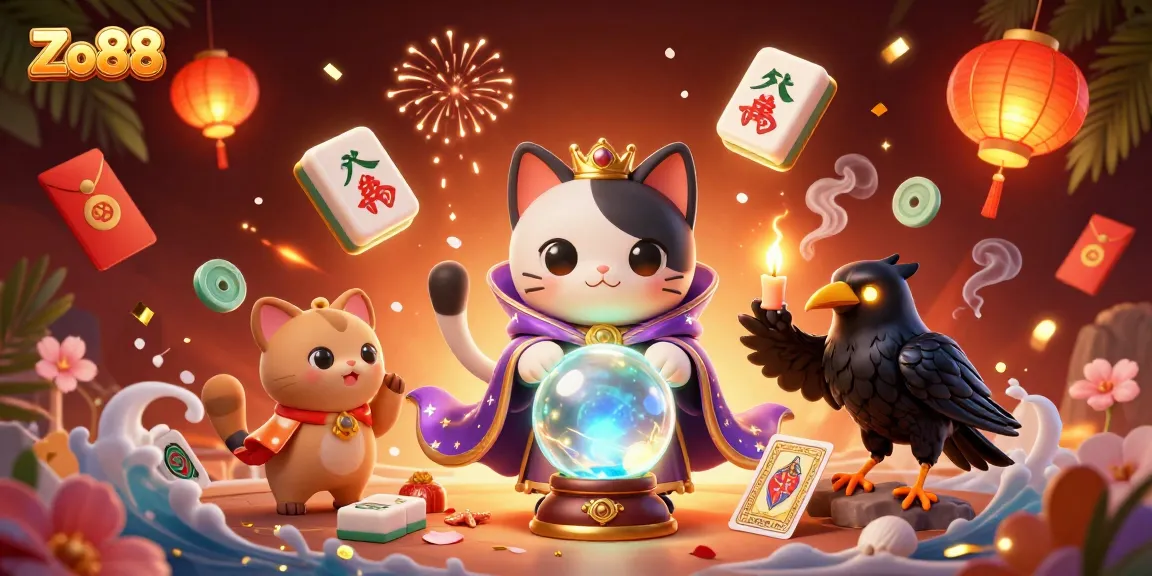 Experience engaging gameplay at Zo88, featuring vibrant casino elements like a mystic cat and tarot raven.