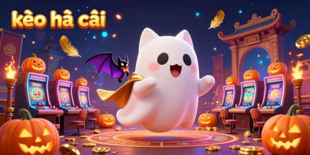 Engage with the kèo nhà cái atmosphere as a ghost cat and bat explore a lively casino mansion full of glowing symbols and tokens.