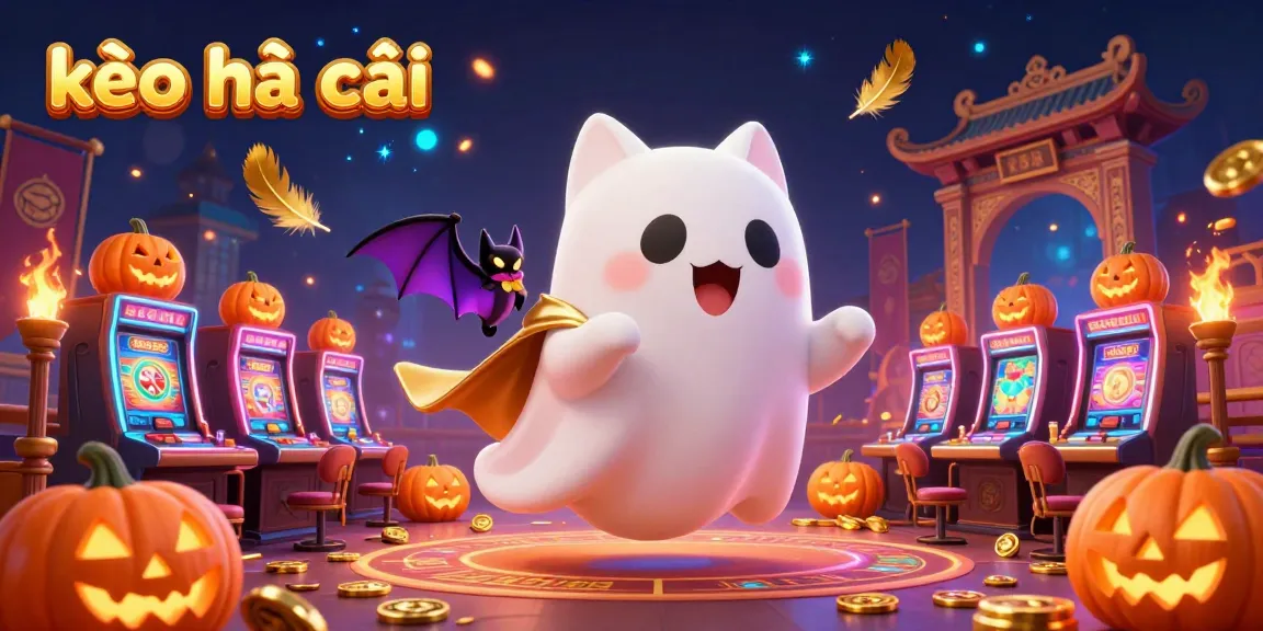 Engage with the kèo nhà cái atmosphere as a ghost cat and bat explore a lively casino mansion full of glowing symbols and tokens.