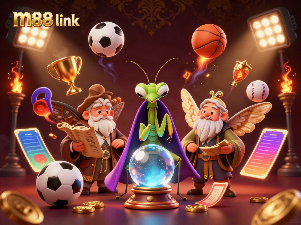 Experience thrilling betting with an engaging m88 link scene showcasing vibrant sports elements and mystical characters.