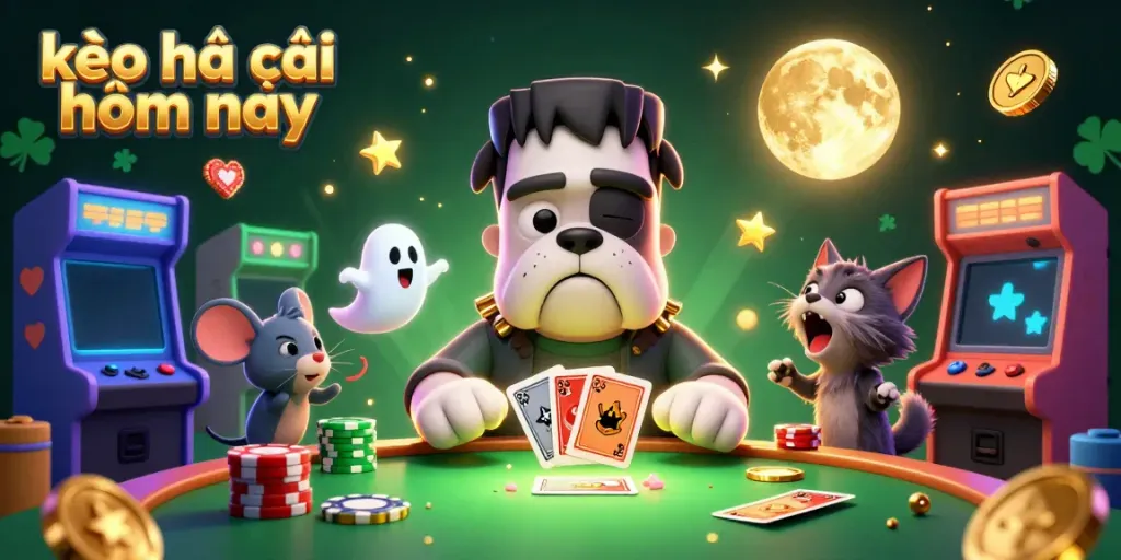 Engage with kèo nhà cái hôm nay at a spooky casino table with animated characters and vibrant graphics.