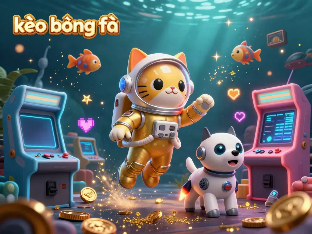 Engage with kèo bóng đá through an exciting 3D scene showcasing a golden astronaut cat, robot dog, and vibrant space elements.