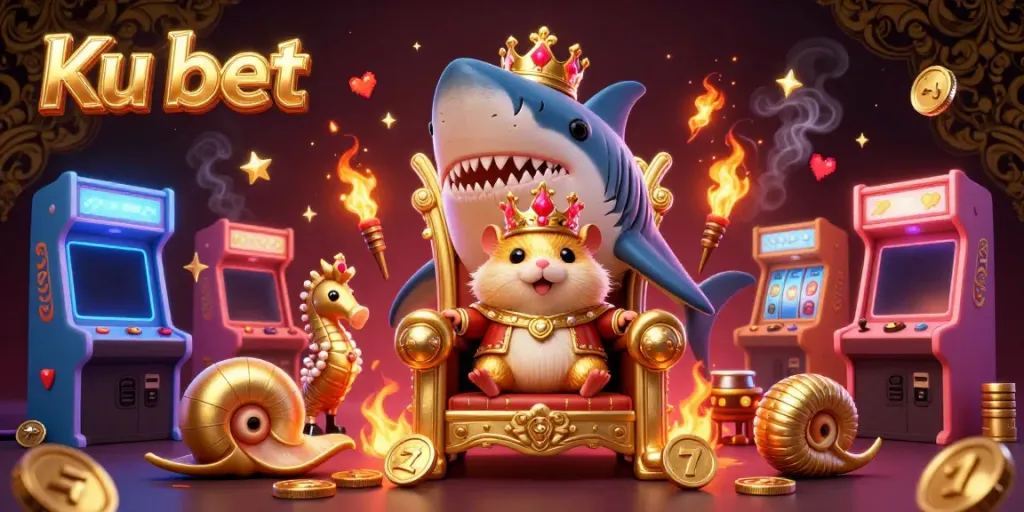 Experience thrilling gameplay at Ku bet with vibrant arcade machines and a regal hamster king.