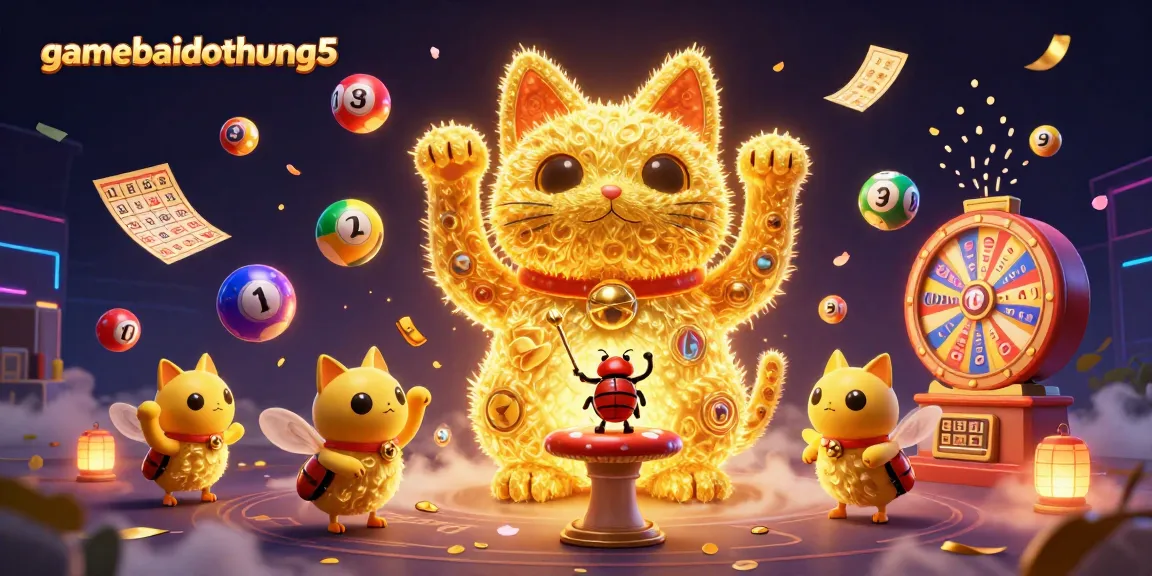 Engage in thrilling gaming experiences with gamebaidoithuong5 illustrated through a vibrant, lucky cat scene with dynamic lottery elements.