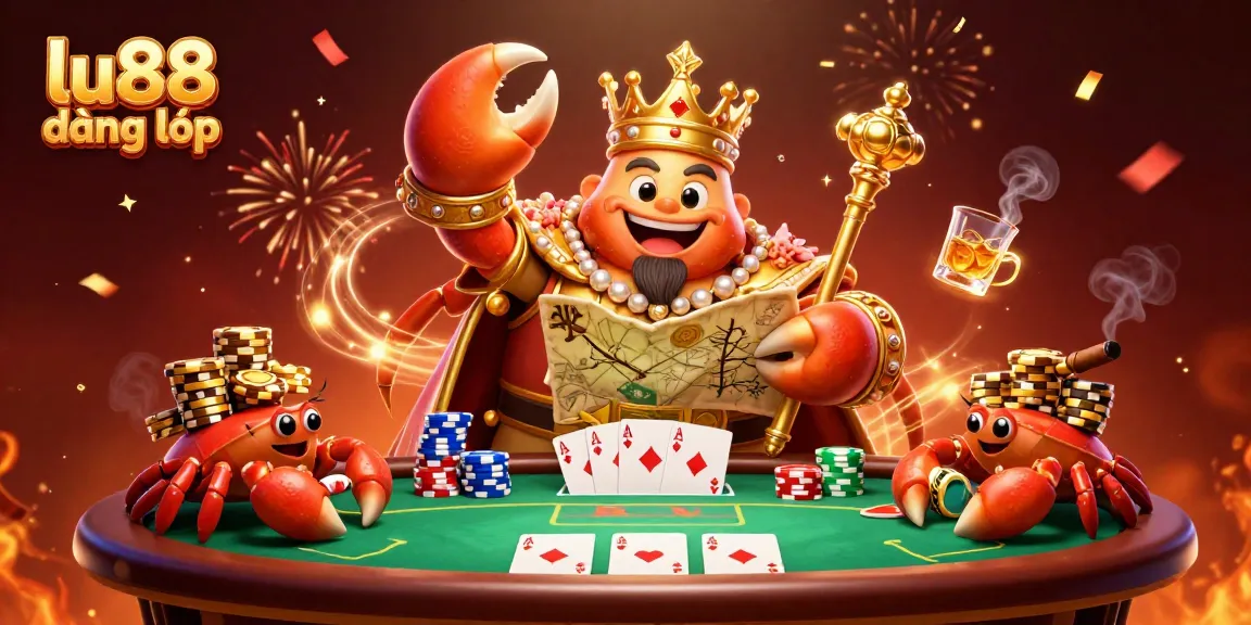 Engage in the excitement of lu88 đăng nhập with a lively 3D illustration featuring a golden crab emperor and poker elements.