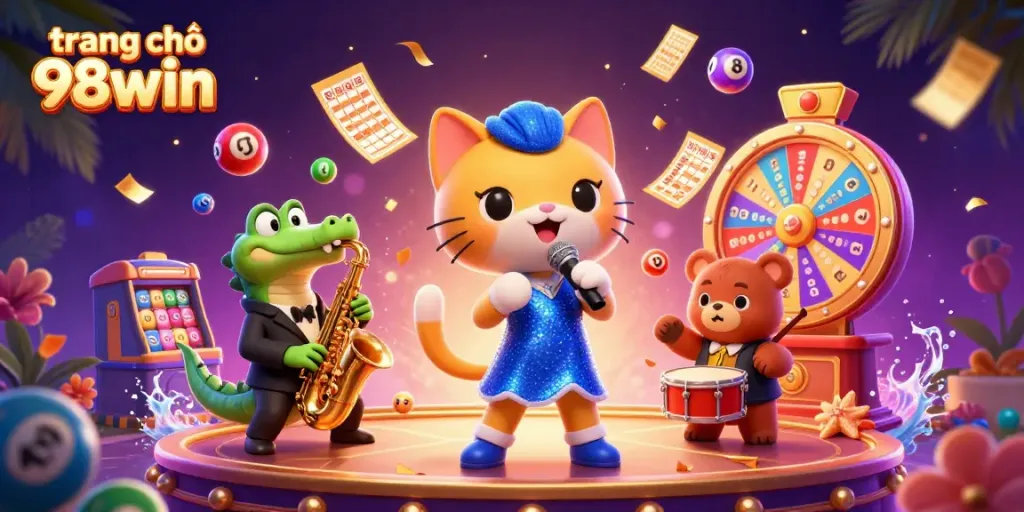 Experience thrilling gameplay at the trang chủ 98win with vibrant lottery balls and casino characters.