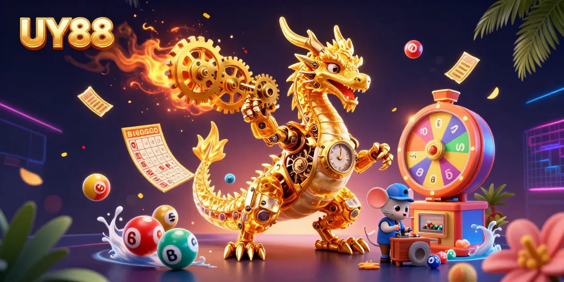 Experience UY88's vibrant casino world with a biomechanical dragon and dynamic gameplay elements.
