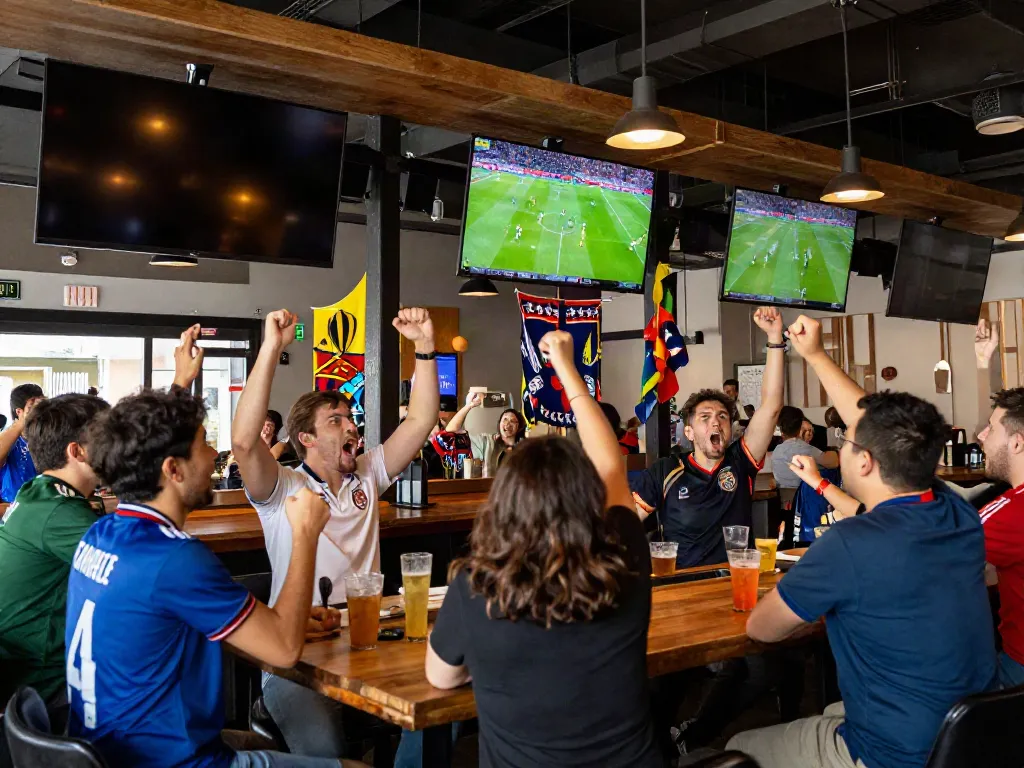 Gavangtv fans cheering in a vibrant sports bar with live football matches.