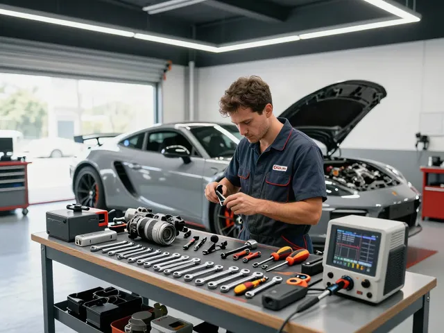 Mechanic repairing car with hazet tools in a bright automotive workshop.