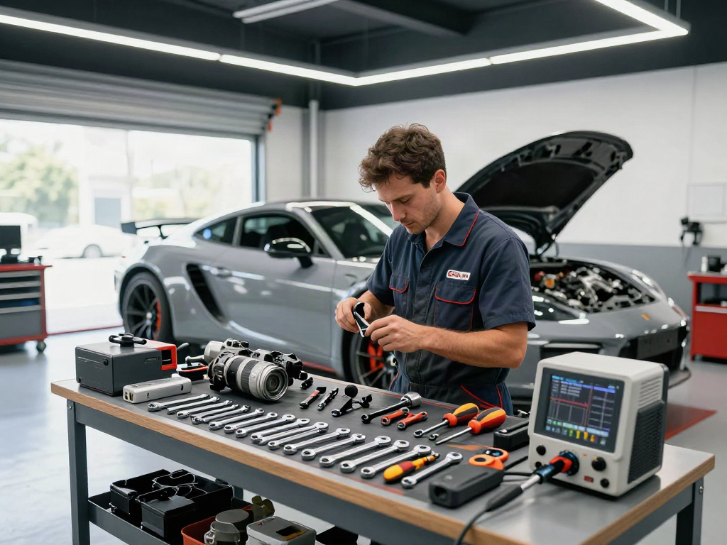 Mechanic repairing car with hazet tools in a bright automotive workshop.