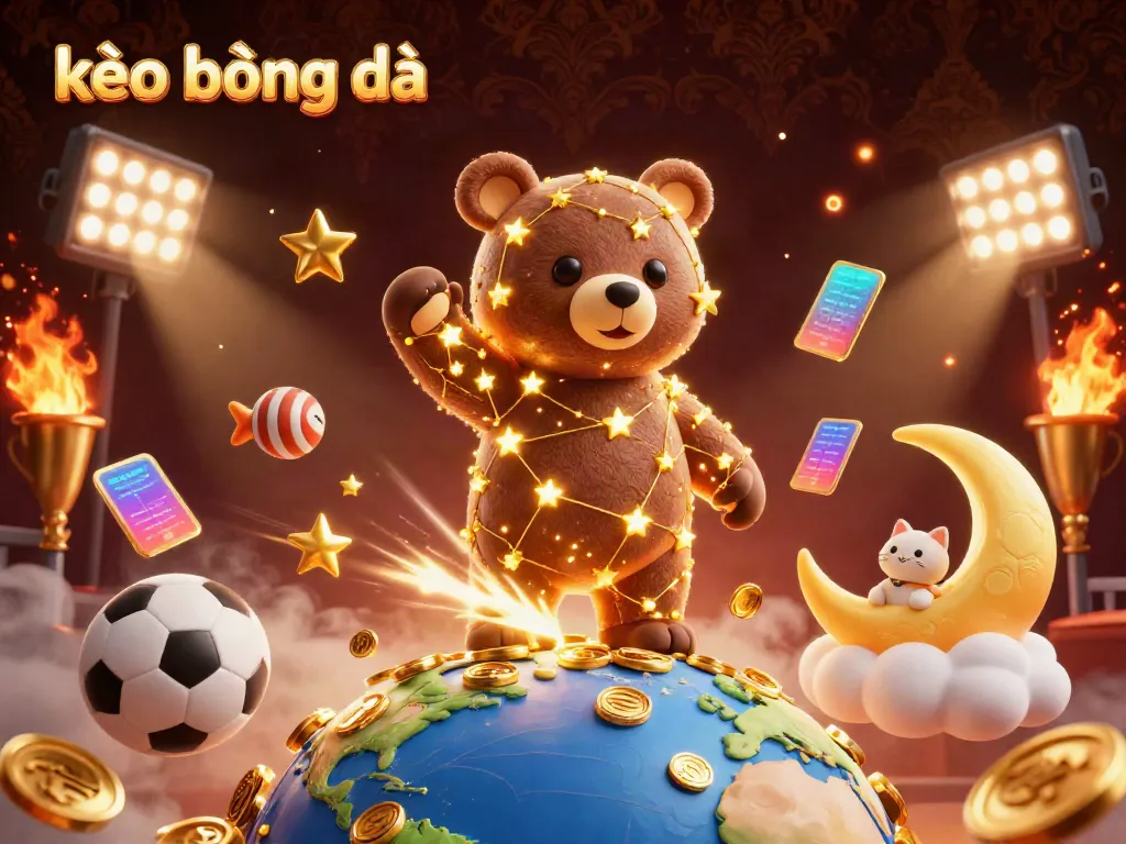 Experience the excitement of kèo bóng đá with a vibrant and dynamic casino-themed illustration showcasing a constellation bear and sports elements.