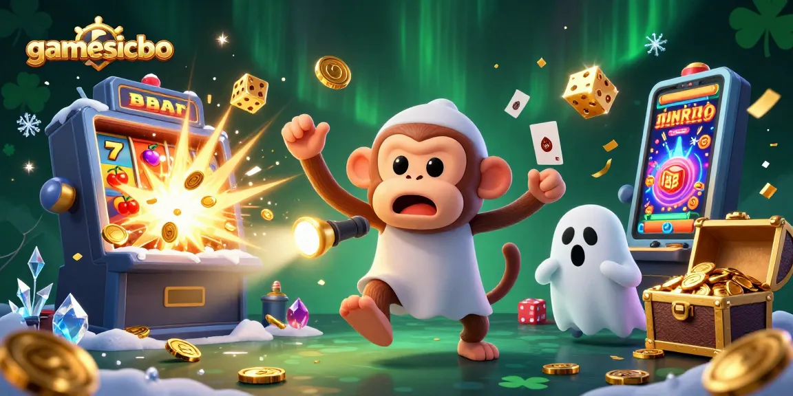 Experience gamesicbo excitement as a playful monkey juggles gold while a puppy investigates in a lively casino.