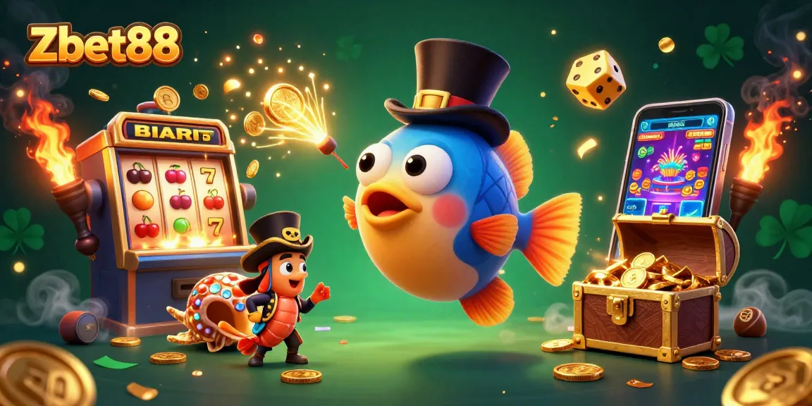 Zbet88 showcasing a vibrant underwater casino scene with an anglerfish, shrimp, and snail, attracting golden coins.