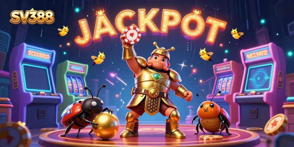 SV388 features a heroic beetle in golden armor celebrating a jackpot in a vibrant casino scene.