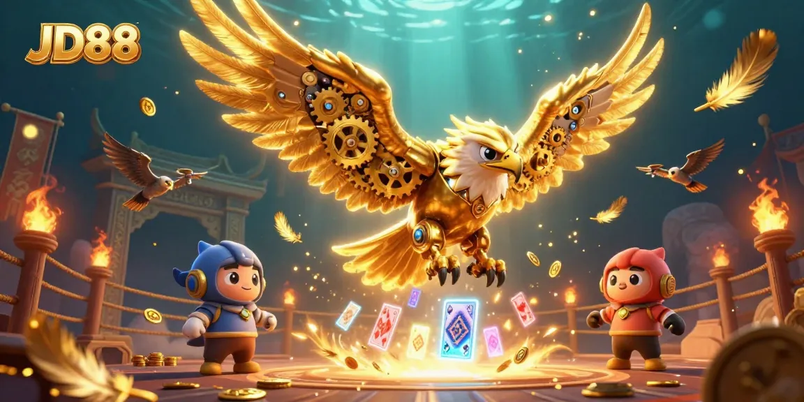 JD88 showcases a vibrant online casino scene with an eagle and playing cards for gaming excitement.