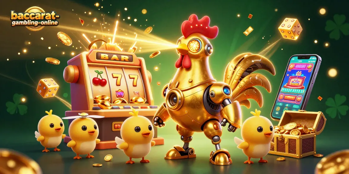 Baccarat-gambling-online showcases an energetic 3D scene with a golden rooster robot and baby chick drones amidst casino excitement.