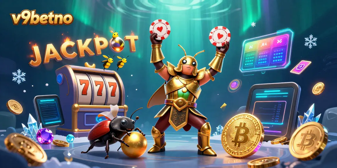 Win big at v9betno with a vibrant illustration showcasing heroes, slot machines, and cryptocurrencies.