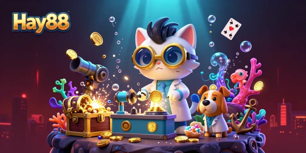 Experience Hay88's thrilling gaming adventure with a mad scientist cat and dynamic underwater treasures.