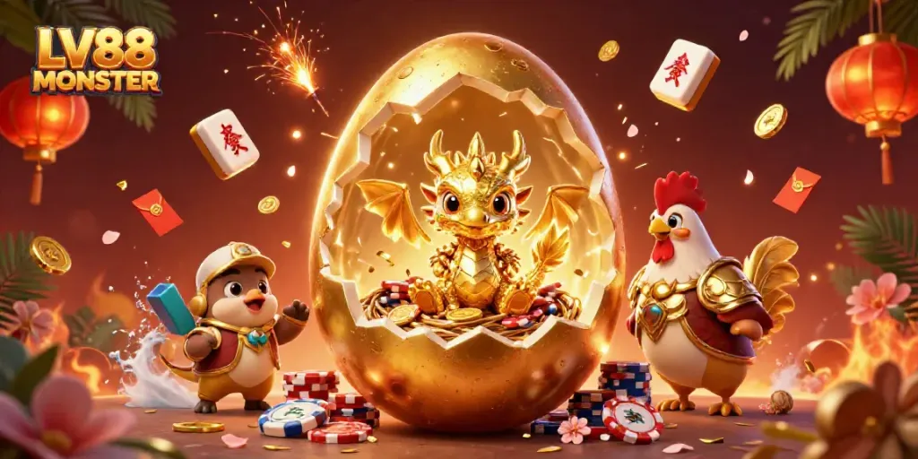 Experience thrilling gaming with LV88 MONSTER as a golden dragon emerges from a golden egg amid poker chips.