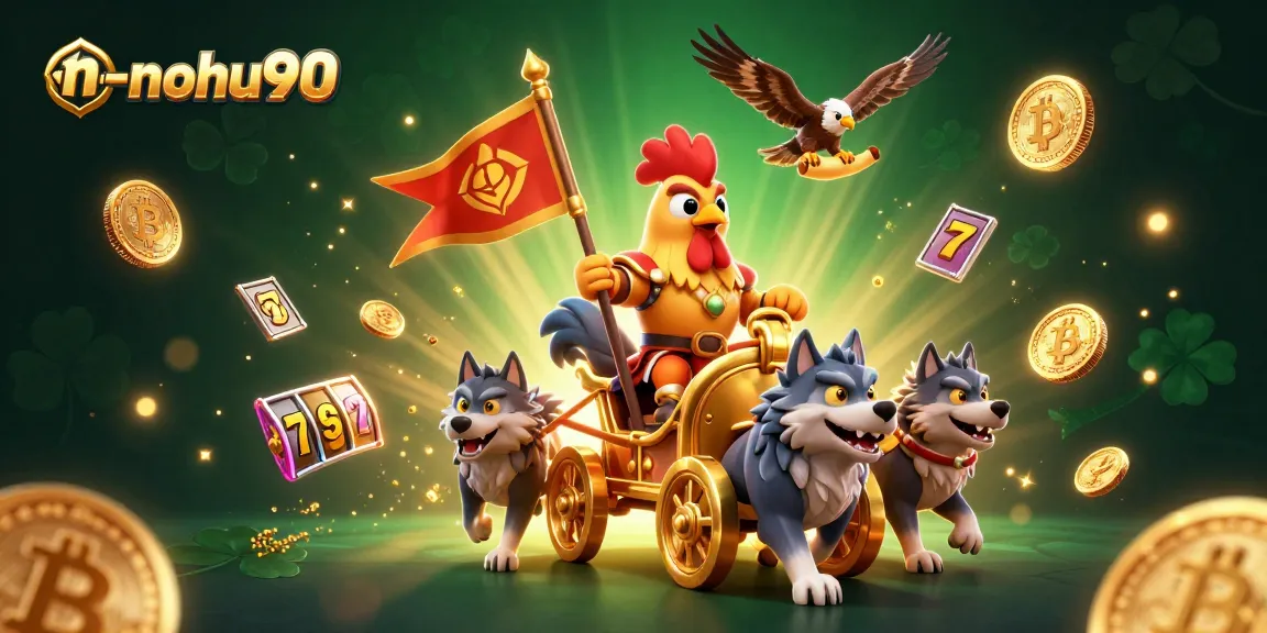 Win big at n-nohu90 with a vibrant slot game scene featuring 3D characters and glowing elements.