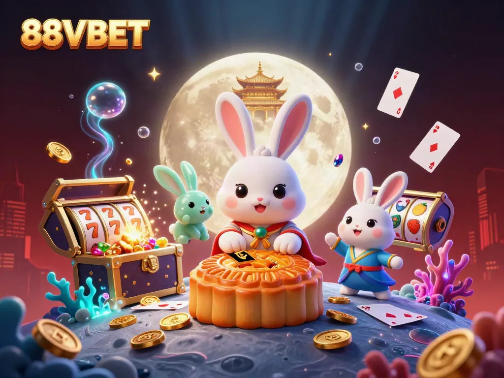 Engage with 88VBET in an exciting scene of a cartoon moon rabbit amidst casino-themed elements.