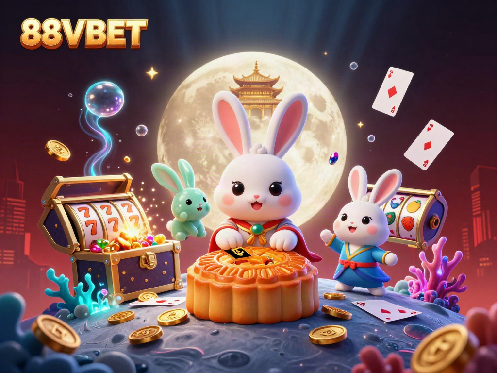 Engage with 88VBET in an exciting scene of a cartoon moon rabbit amidst casino-themed elements.