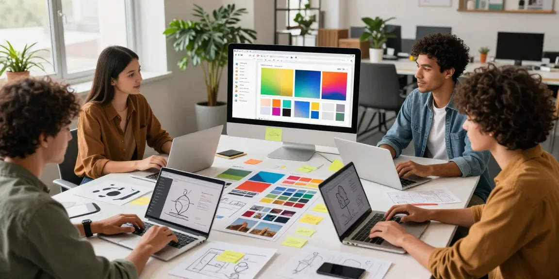 Team collaborating on Google Mixboard in a vibrant office setting, showcasing creative workflow.