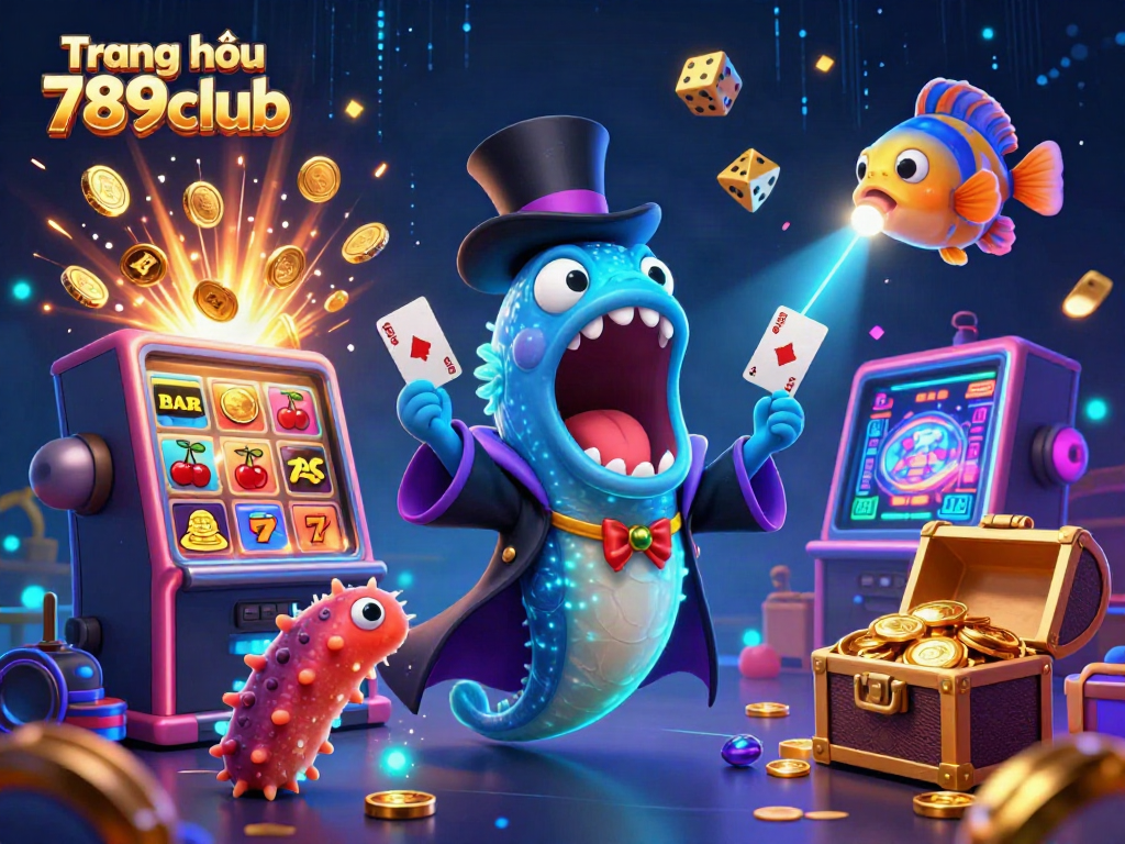 Experience thrilling slots and magical tricks at Trang chủ 789club with bioluminescent characters and vibrant casino elements.