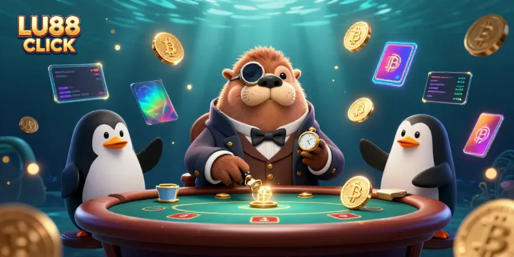 Experience top casino fun with LU88 CLICK featuring a jolly walrus and penguin dealer at a poker table.