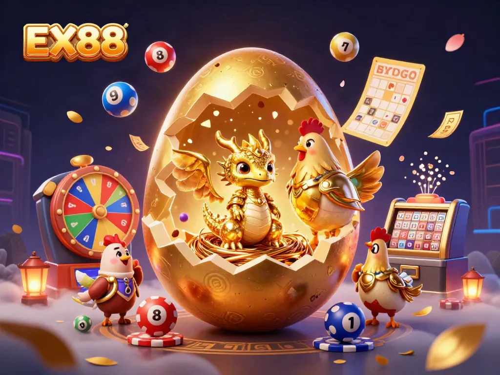 Engage in EX88 casino gaming with a golden dragon and poker chips amidst dynamic lottery elements.