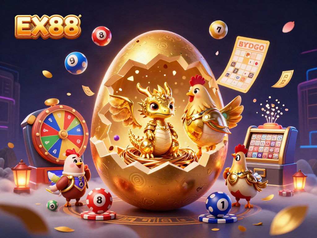 Engage in EX88 casino gaming with a golden dragon and poker chips amidst dynamic lottery elements.