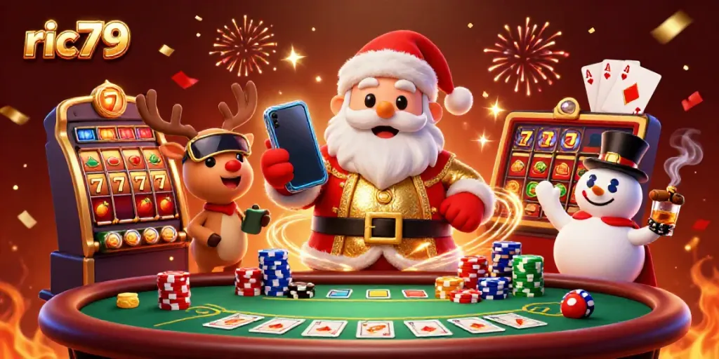 Celebrate wins at the ric79 casino with Santa and friends enjoying a jackpot!