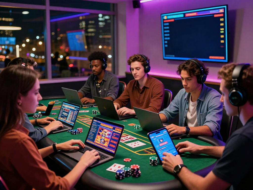 Engaging scene of friends playing non Gamstop casino games with laptops, poker chips, and vibrant lighting.