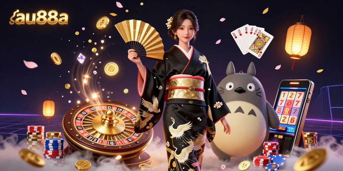 Engage with au88a's vibrant online casino, featuring a winning Asian lady and colorful poker chips.