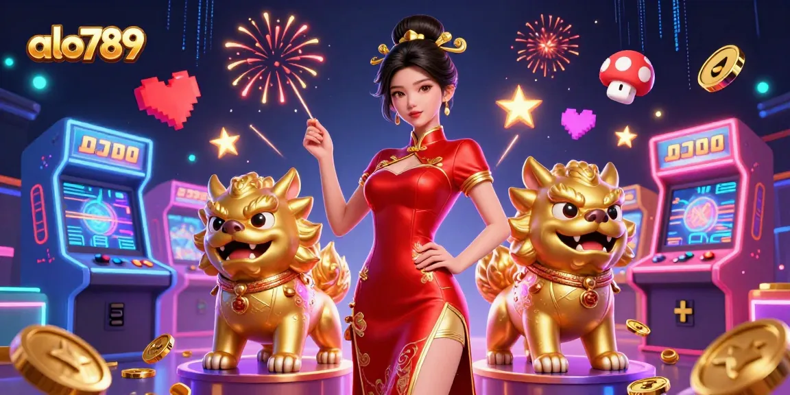 Alo789 features a glamorous Asian woman amidst gaming excitement, capturing the thrill of online gambling.