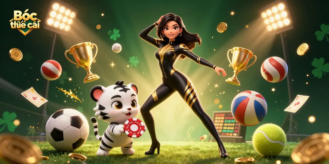 Bóc phốt nhà cái illustrated scene showcasing a dynamic woman in a catsuit with a baby tiger and gambling elements.