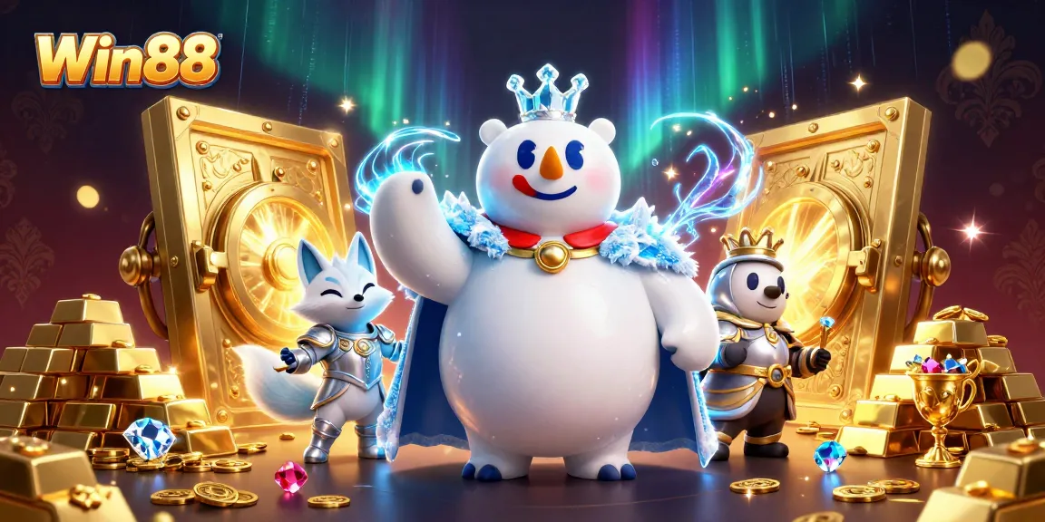 Win88 showcases a vibrant casino scene with a treasure vault, gold coins, and dynamic characters.