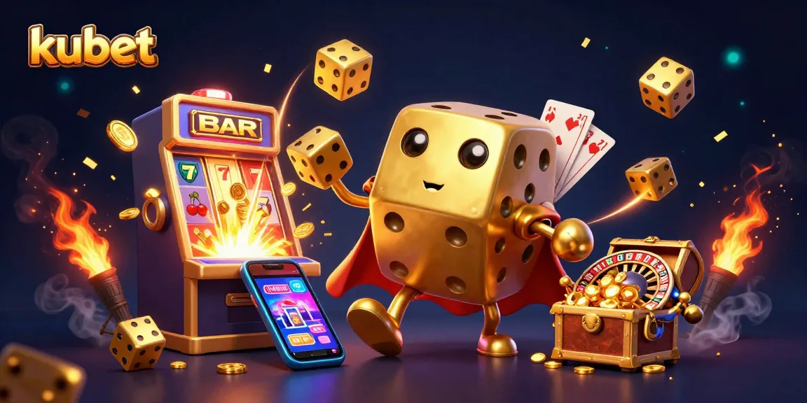 Kubet illustration featuring a golden dice golem juggling dice with vibrant slot machine elements.