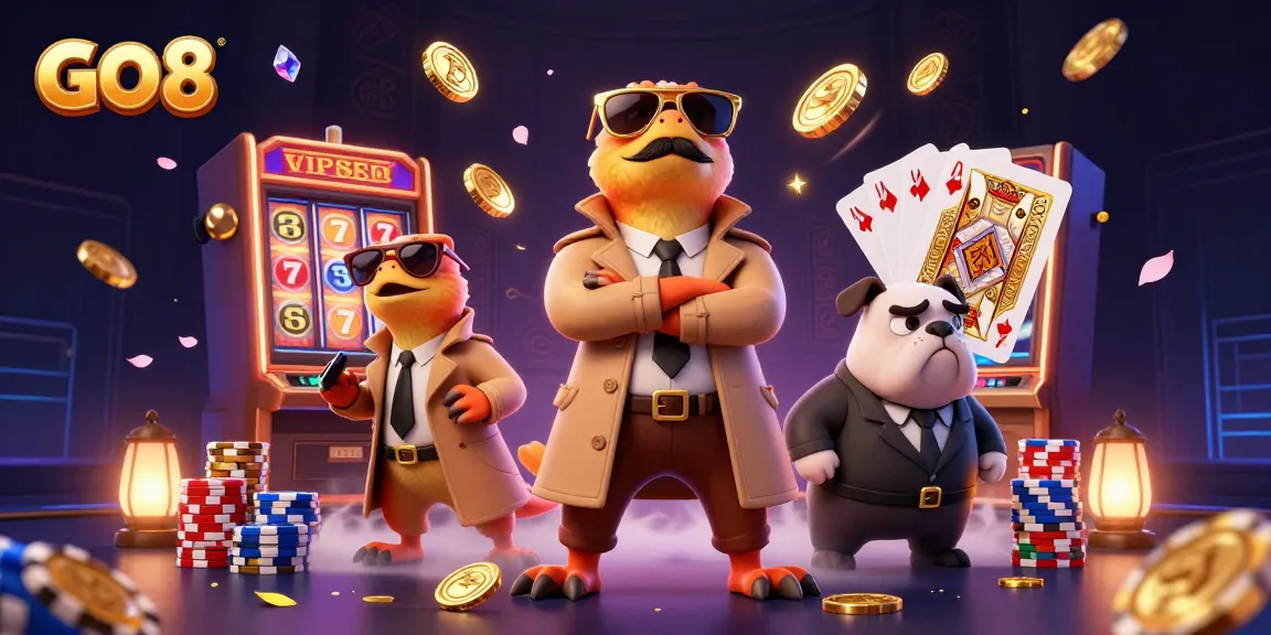 Experience the thrill of GO 8 with cartoon raptors trying to sneak into a VIP casino surrounded by slot machines and golden coins.