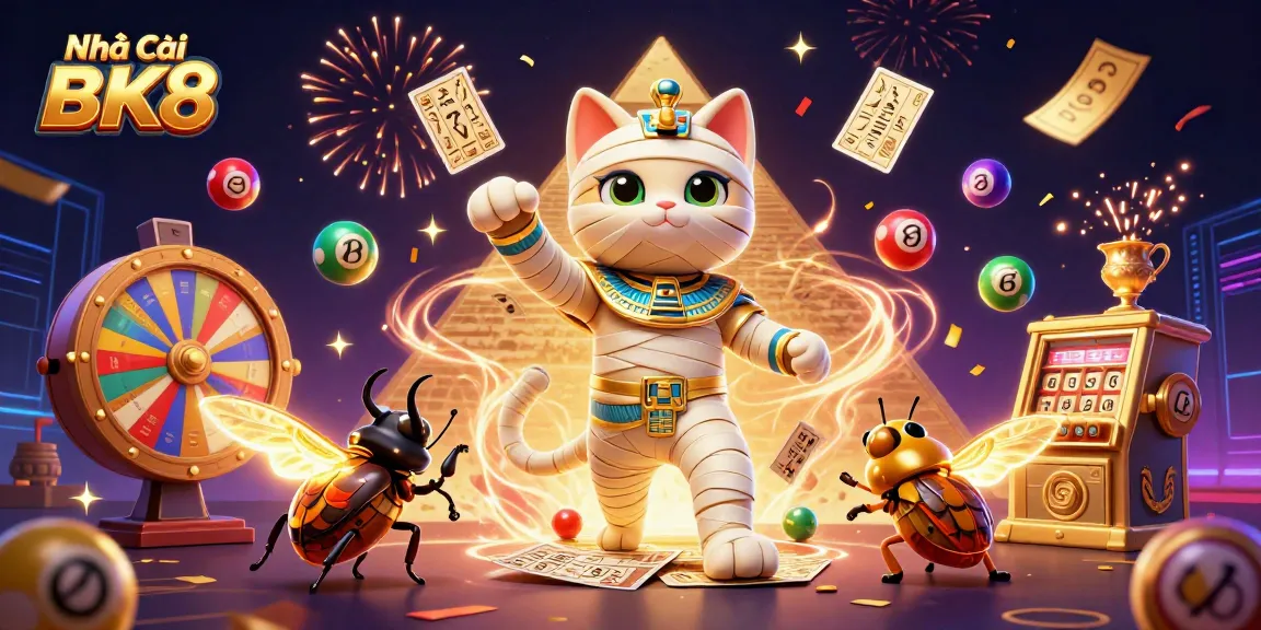 Experience the excitement of Nhà Cái BK8 with a vibrant 3D casino scene featuring a mummy cat and glowing scarab.