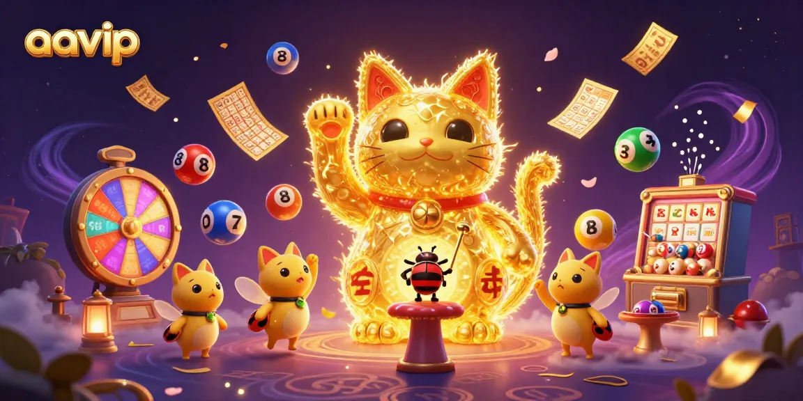 Experience excitement at aavip with vibrant casino elements and a lucky cat illustration.