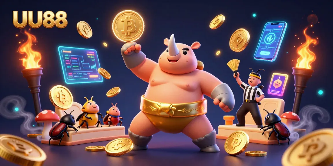 Experience UU88 through an energetic sumo wrestling beetle scene amidst flying coins and crypto elements.
