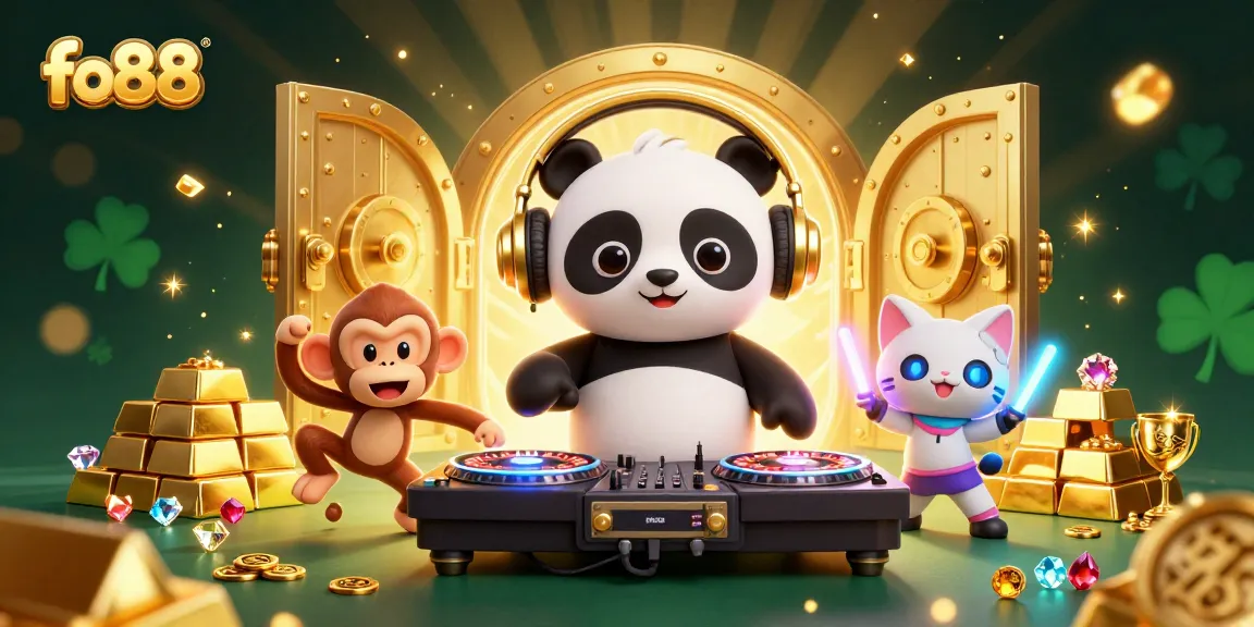 Witness fo88's vibrant online casino scene with a panda DJ and breakdancing characters amid sparkling treasures and gaming elements.