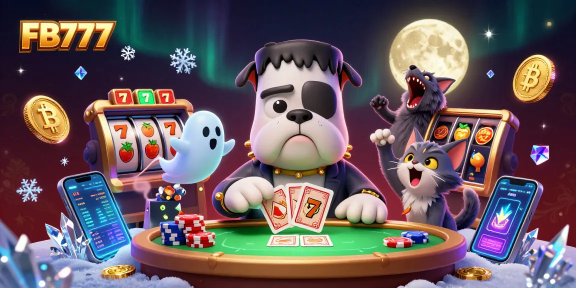 Engage in thrilling gameplay at FB777 with a cartoon monster dealing cards in a vibrant casino atmosphere.
