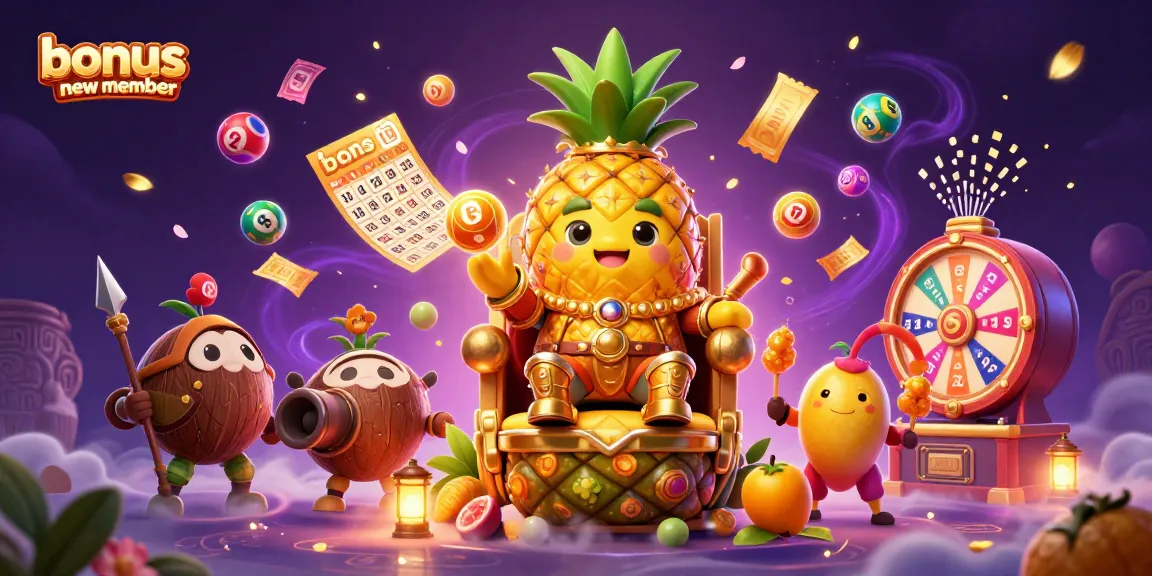 Experience thrilling gaming with a bonus new member offer, featuring colorful lottery elements in a vibrant casino scene.