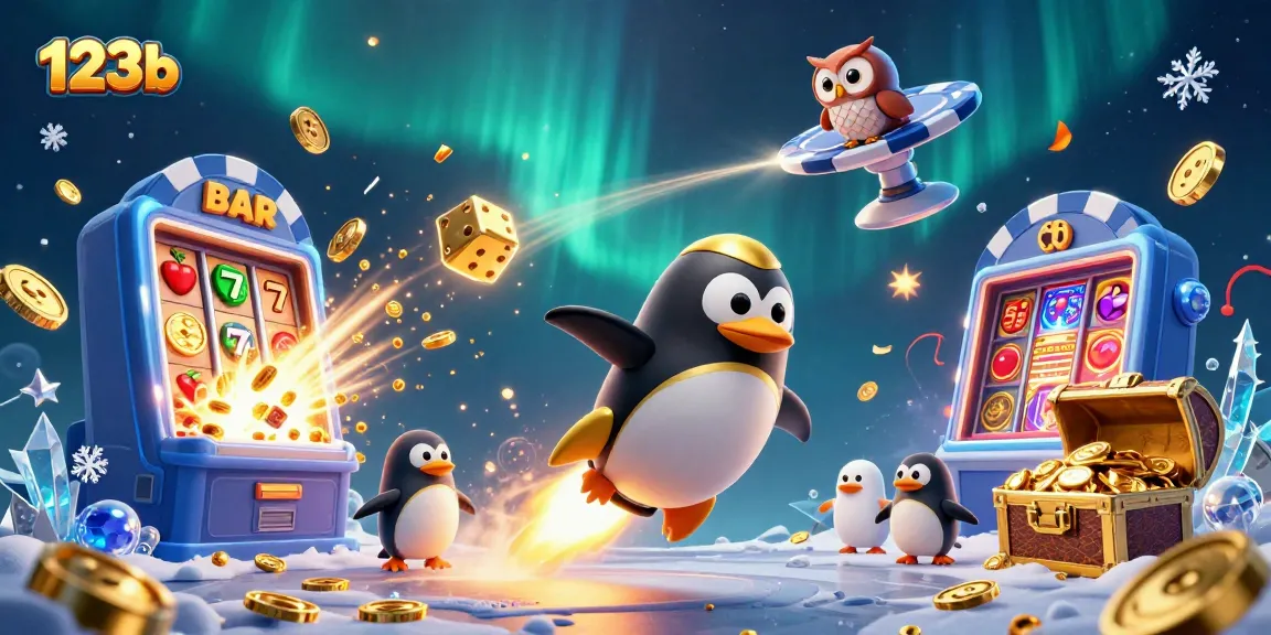 Experience thrilling wins at 123b with a golden penguin blasting through a vibrant casino universe.