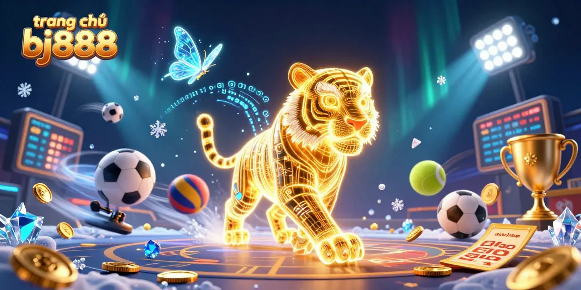 Engage with thrilling gameplay at trang chủ bj888, featuring a neon golden tiger in a dynamic casino scene.