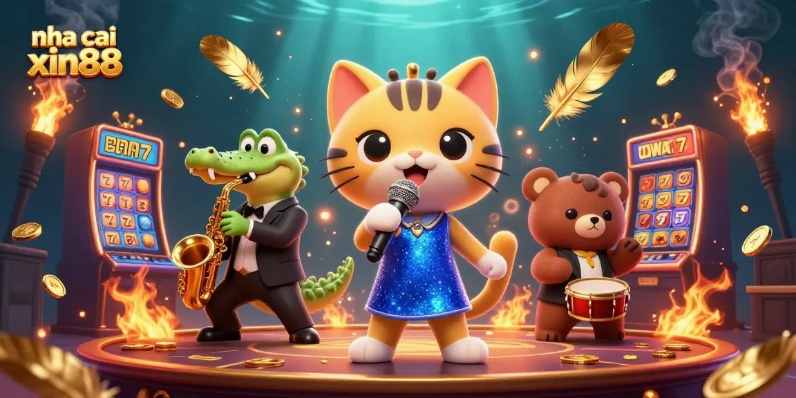 Play and win big at nha cai xin88 with this vibrant casino-themed illustration showcasing lively characters and exciting game elements.