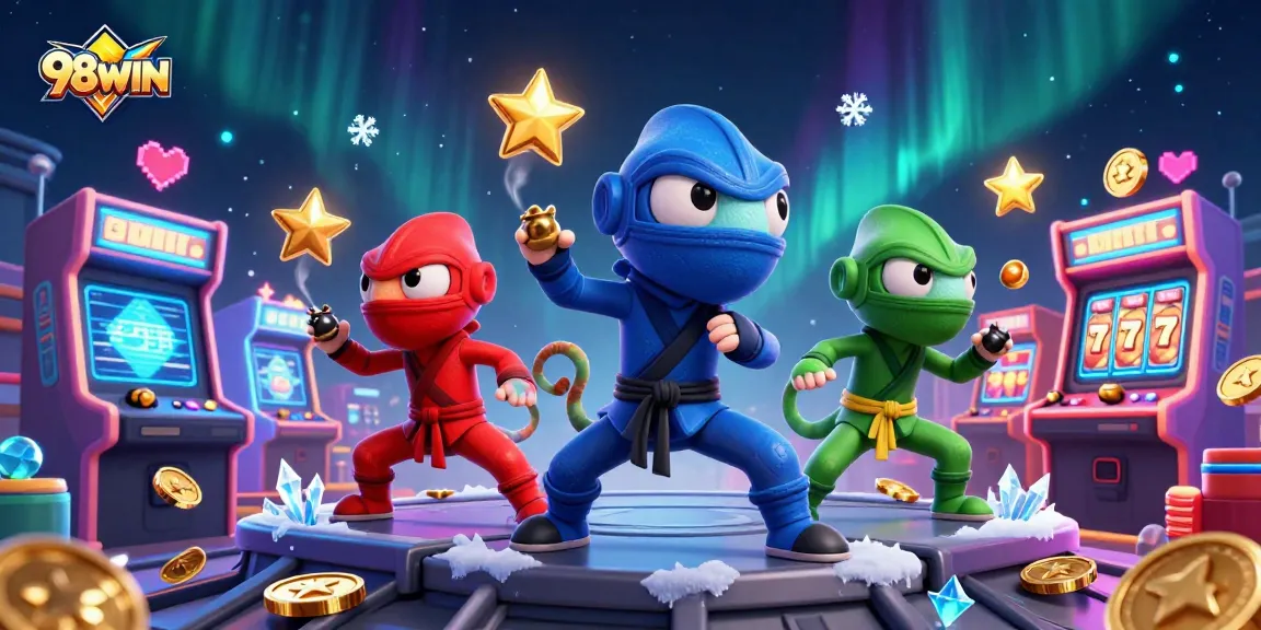 98WIN ninja chameleon team performs casino martial arts amidst slot machines and colorful game elements.