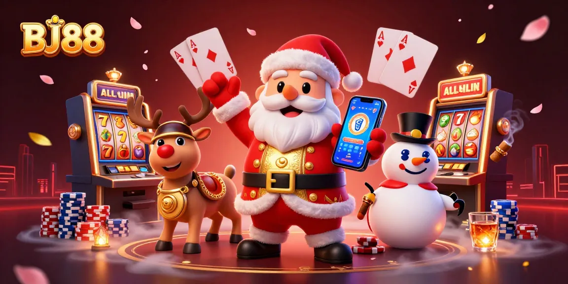 Experience jackpot excitement at BJ88 with Santa and friends in a vibrant casino setting.